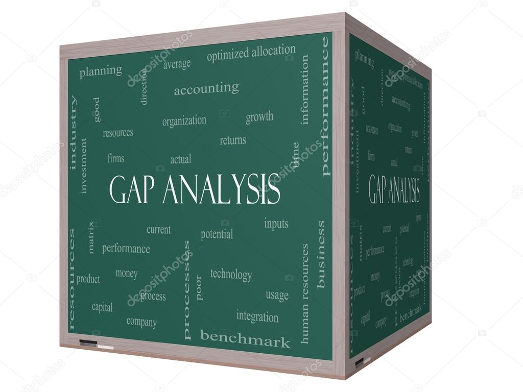 Gap Analysis Word Cloud Concept on a 3D cube Blackboard