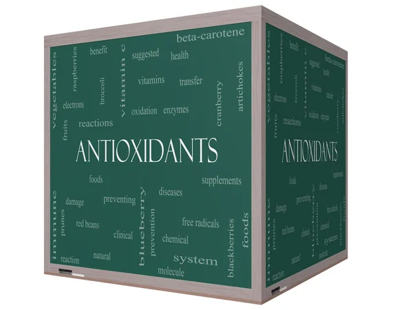 Antioxidants Word Cloud Concept on a 3D cube Blackboard — Stock Photo, Image