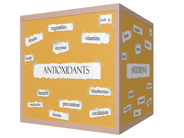 Antioxidants 3D cube Corkboard Word Concept — Stock Photo, Image