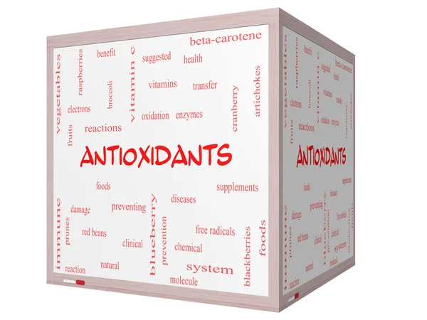 Antioxidanten woord wolk concept op een 3d cube whiteboard — Stockfoto