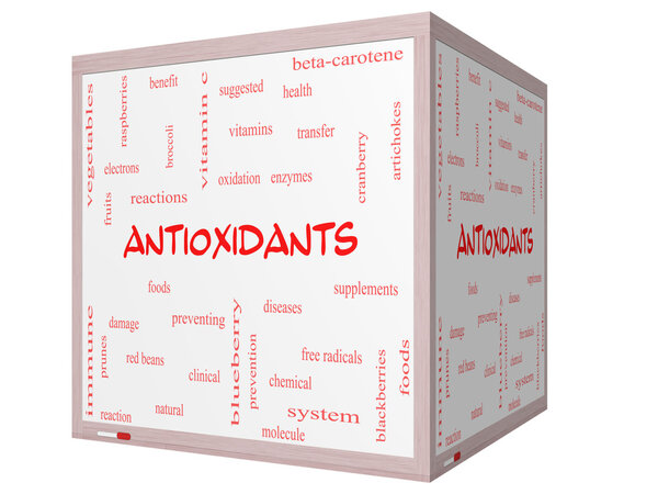 Antioxidants Word Cloud Concept on a 3D cube Whiteboard