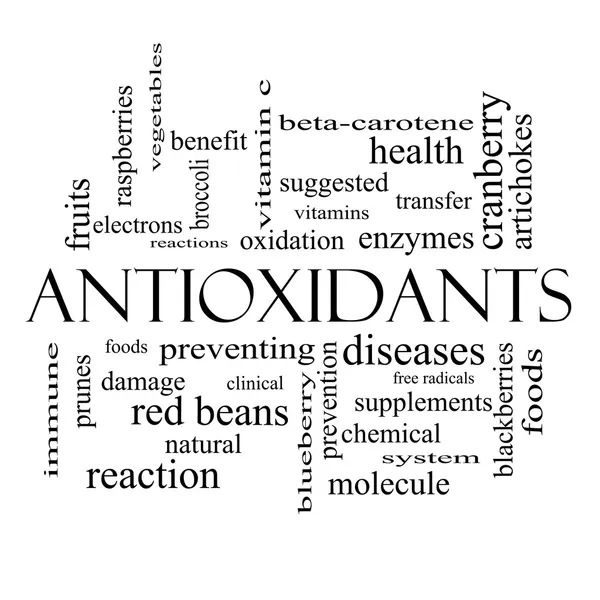 Antioksidanlar kelime bulutu kavramı siyah beyaz — Stok fotoğraf