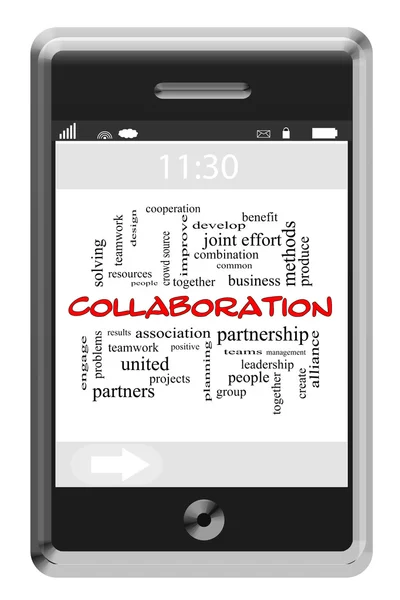 터치 스크린 휴대 전화에 협업 워드 클라우드 개념 — 스톡 사진
