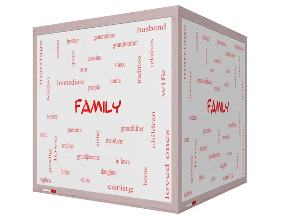 Conceito de nuvem de palavra familiar em um quadro branco de cubo 3D — Fotografia de Stock
