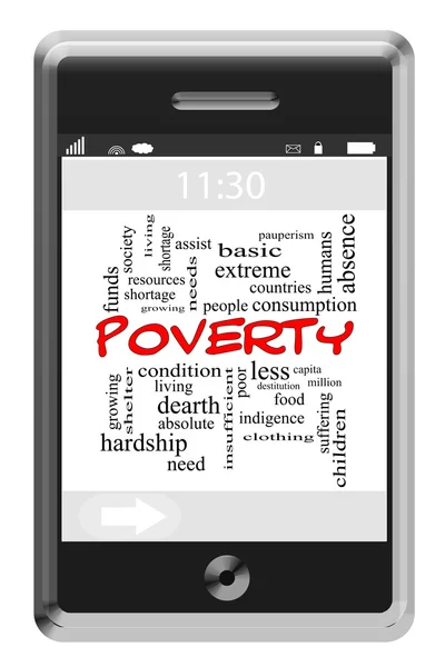 Armoede woord wolk concept op touchscreen telefoon — Stockfoto