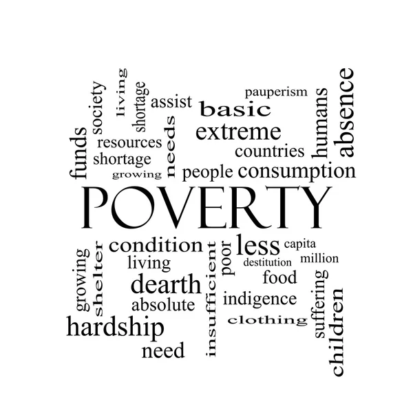 Szegénység szó felhő fogalmát a fekete-fehér — Stock Fotó