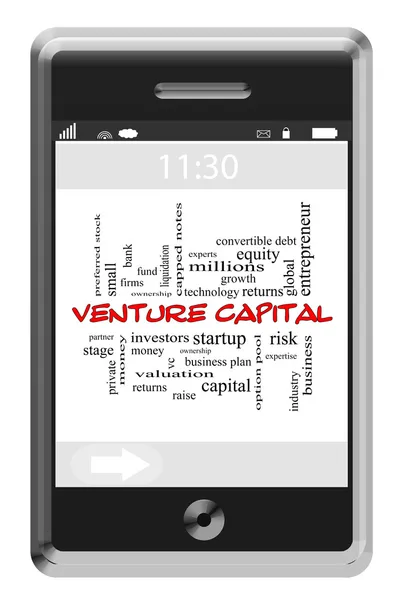 Concepto de nube de palabra capital de riesgo en el teléfono con pantalla táctil — Foto de Stock