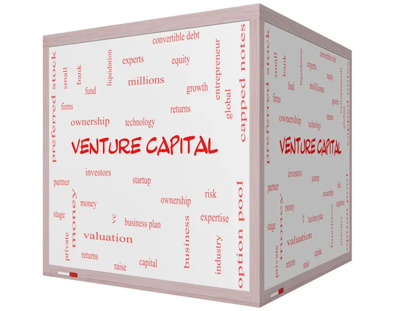 Wagniskapital-Word-Cloud-Konzept auf einem 3D-Würfel-Whiteboard — Stockfoto