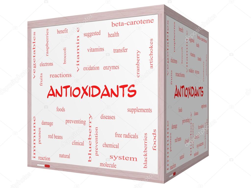 Antioxidants Word Cloud Concept on a 3D cube Whiteboard