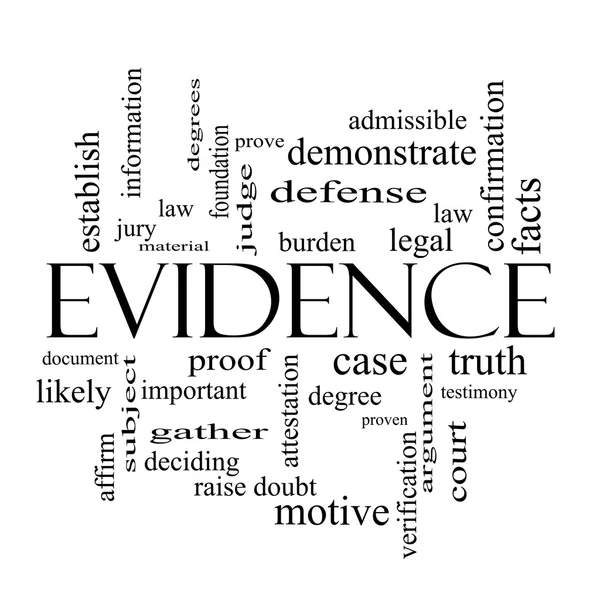 Evidence Word Cloud Concept en noir et blanc — Photo