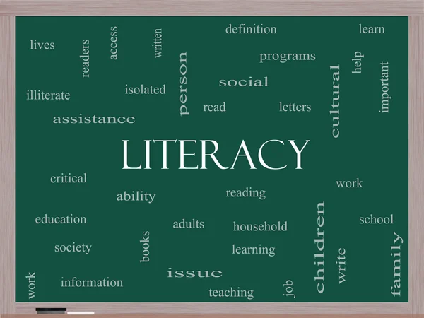 Literacy Word Cloud Concept on a Blackboard — Stock Photo, Image