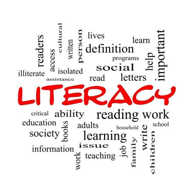 Literacy Word Cloud Concept in red caps clipart