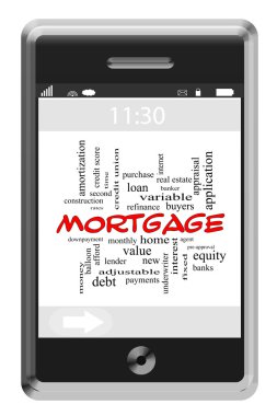 Mortgage kelime bulutu kavramı dokunmatik ekran telefon