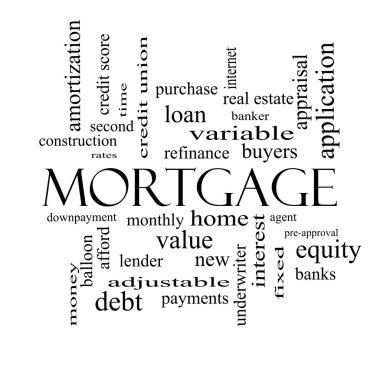 Mortgage kelime bulutu kavramı siyah beyaz