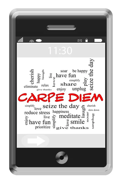 Carpe Diem Conceito de nuvem do Word no telefone Touchscreen — Fotografia de Stock