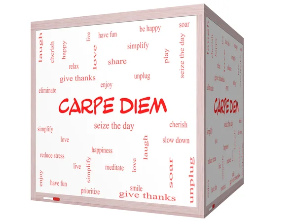 Carpe Diem Conceito de nuvem do Word em um quadro branco de cubo 3D — Fotografia de Stock