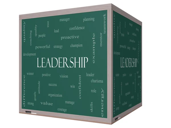 Leiderschap woord wolk concept op een 3D-kubus schoolbord — Stockfoto
