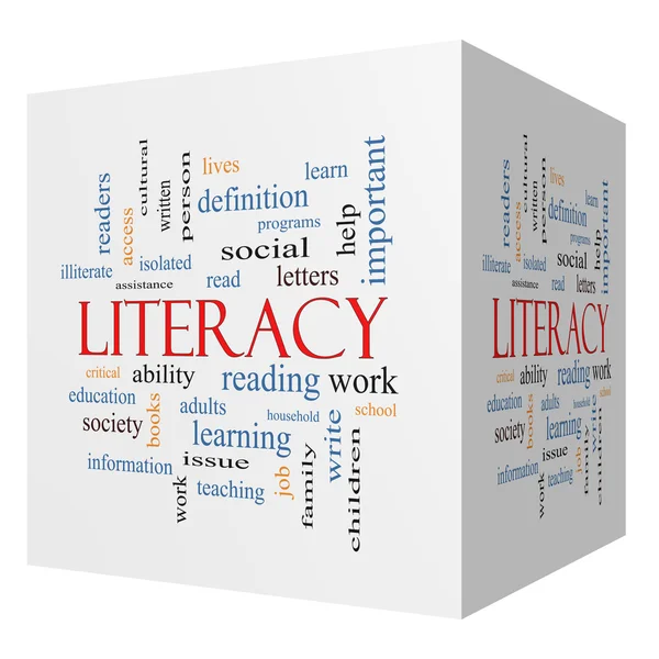 Literacia 3D cubo Word Cloud Concept — Fotografia de Stock