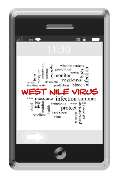 Westnilvirus Word Cloud-Konzept auf Touchscreen-Handy — Stockfoto