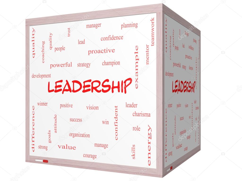 Leadership Word Cloud Concept on a 3D cube Whiteboard
