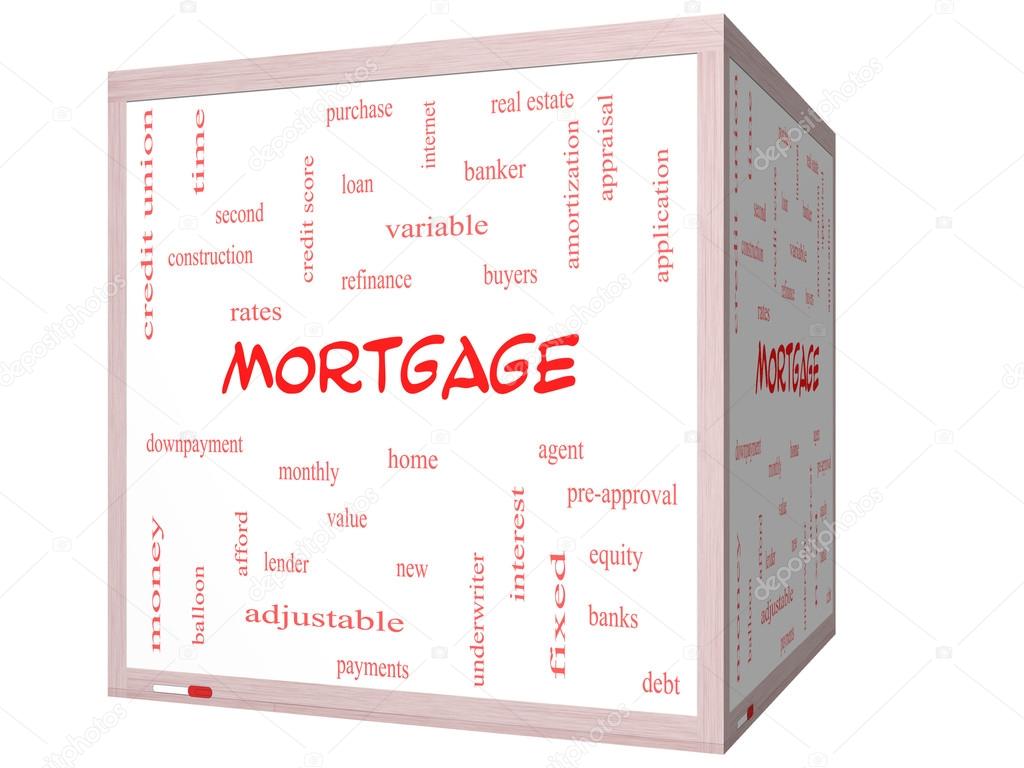 Mortgage Word Cloud Concept on a 3D cube Whiteboard