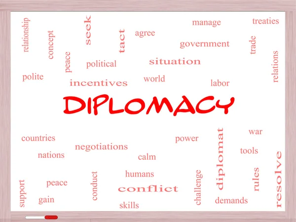 Diplomatie Word Cloud Concept sur un tableau blanc — Photo