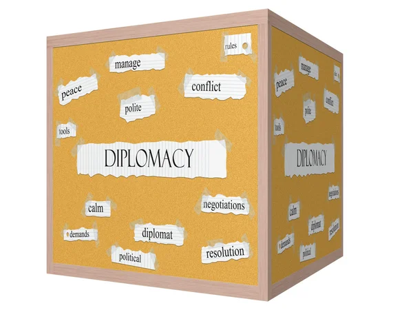 Diplomacy 3D cube Corkboard Word Concept — Stock Photo, Image