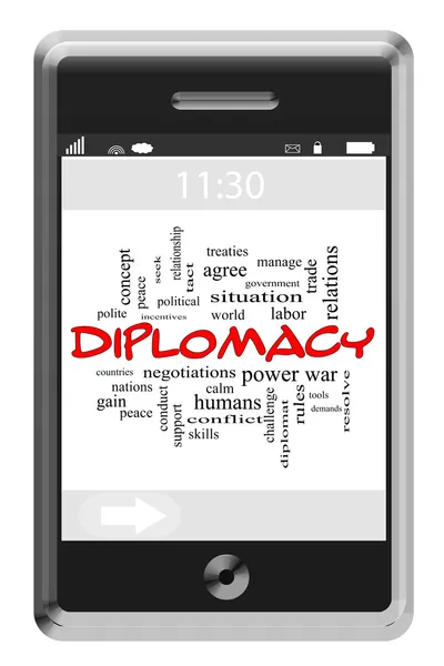 Conceito de Diplomacia Word Cloud no telefone Touchscreen — Fotografia de Stock