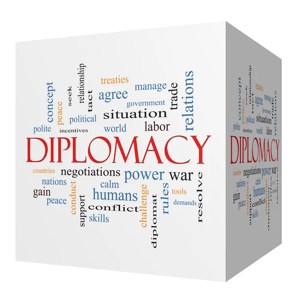Diplomacia 3D cubo Word Cloud Concept — Foto de Stock