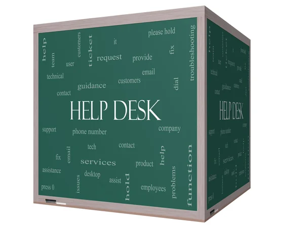 Help Desk Word Cloud Concept on a 3D cube Blackboard — Stock Photo, Image