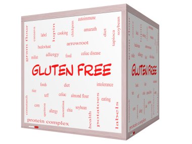 gluten free word cloud kavramı üzerinde bir 3d küp beyaz tahta