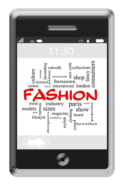 Concepto de nube de palabra de moda en un teléfono con pantalla táctil — Foto de Stock