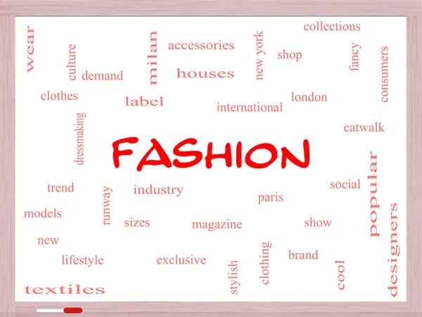 Fashion Word Cloud Concept on a Whiteboard — Stock Photo, Image