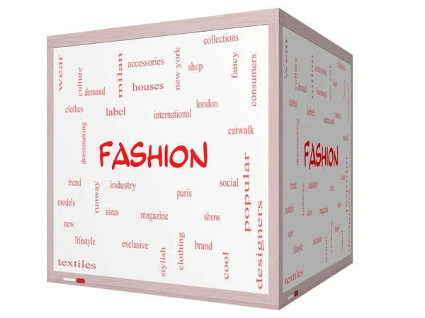 Concepto de nube de palabra de moda en una pizarra blanca de cubo 3D — Foto de Stock