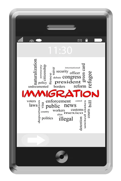 Imigracji słowo chmura koncepcja na telefon dotykowy — Zdjęcie stockowe