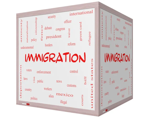 Immigration Word Cloud Concept on a 3D Whiteboard — Stock Photo, Image