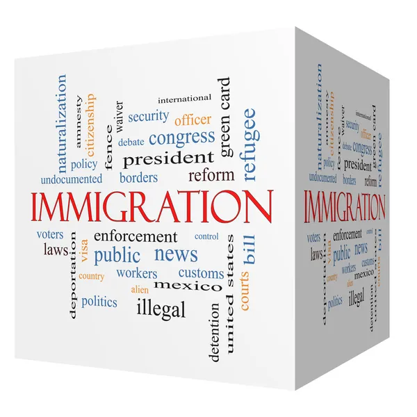 Inmigración 3D cubo Word Cloud Concept —  Fotos de Stock
