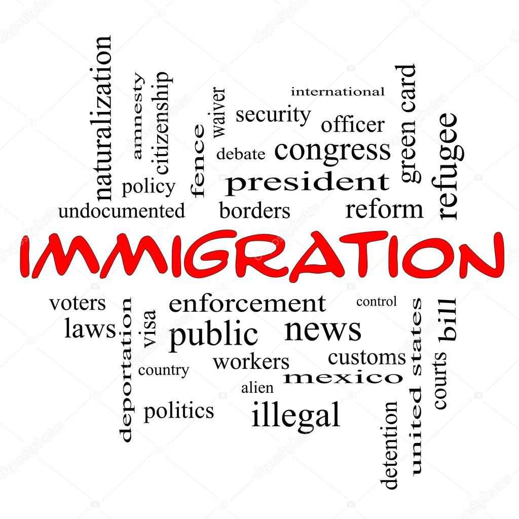 Immigration Word Cloud Concept in red caps