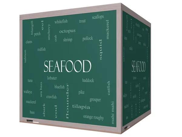 Deniz ürünleri kelime bulutu kavramı üzerinde bir 3d cube yazı tahtası — Stok fotoğraf