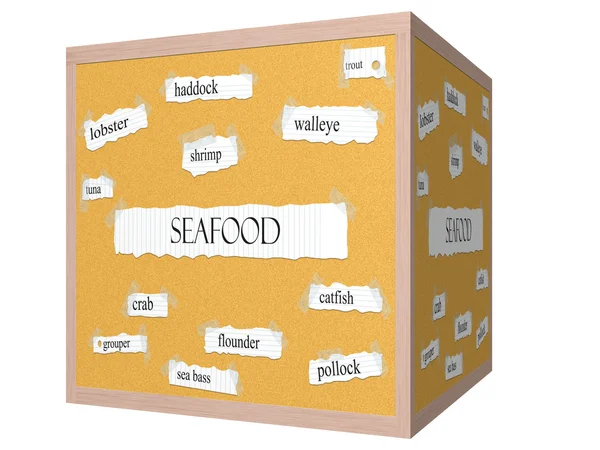 Seafood 3D cube Corkboard Word Concept — Stock Photo, Image