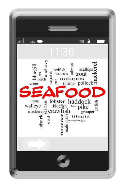 Mořské plody slovo mrak koncepce na dotykový telefon — Stock fotografie