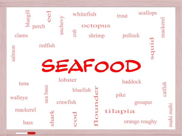 Seafood Word Cloud Concept on a Whiteboard — Stock Photo, Image