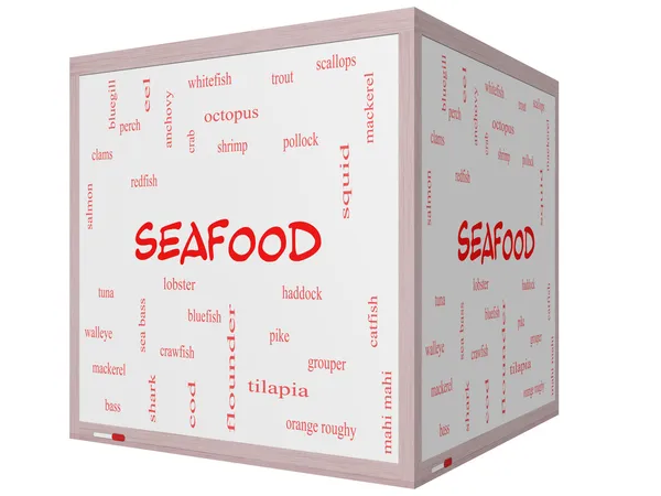 Seafood Word Cloud Concept on a 3D cube Whiteboard — Stock Photo, Image