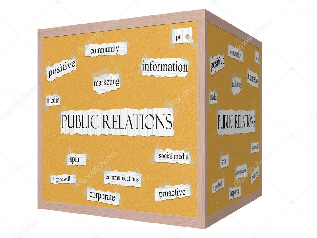 Public Relations 3D cube Corkboard Word Concept