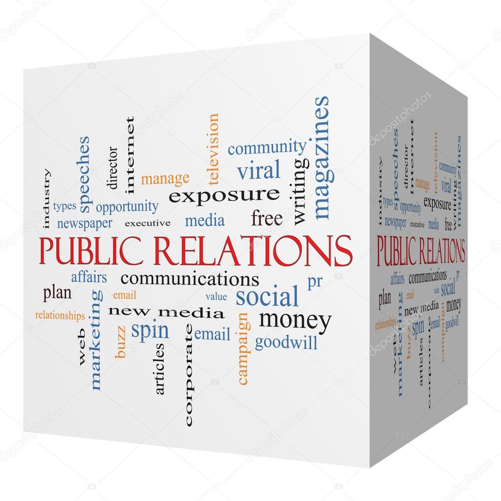 Public Relations 3D cube Word Cloud Concept