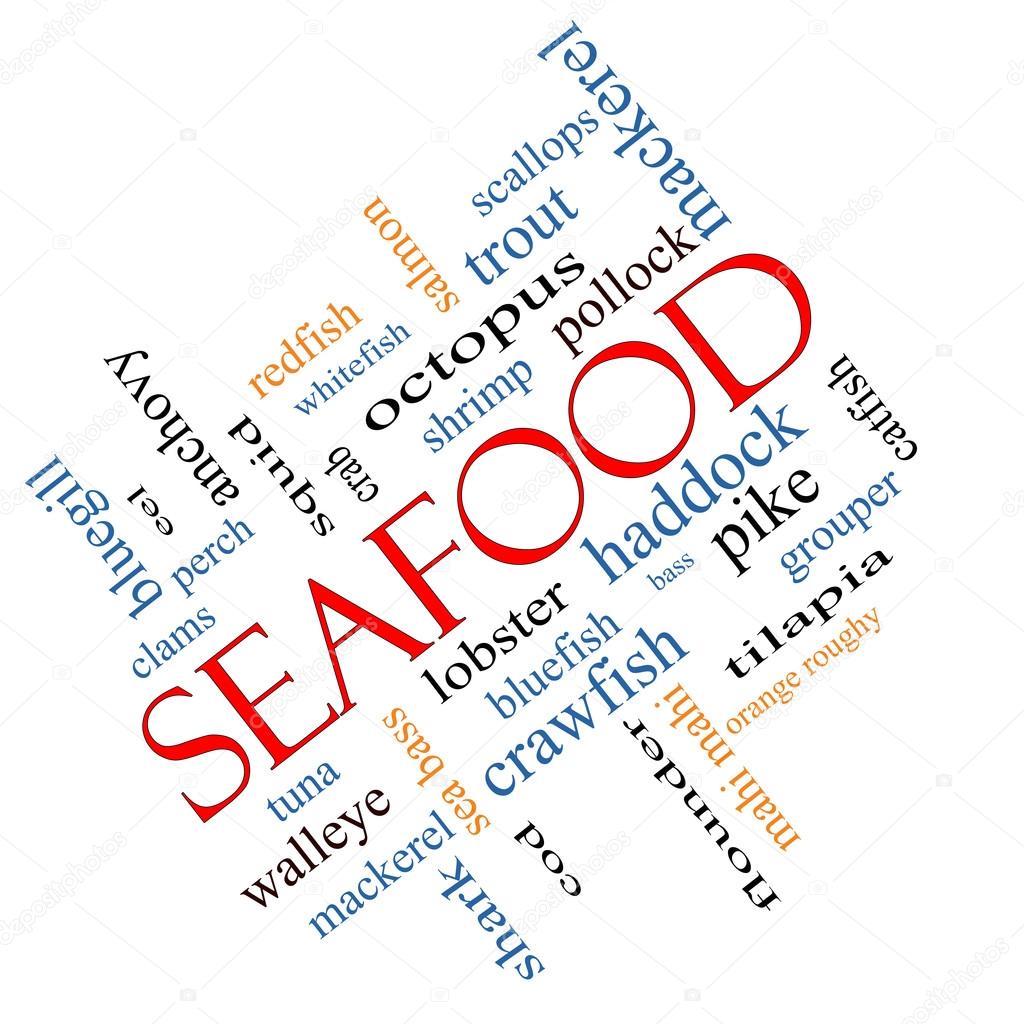Seafood Word Cloud Concept Angled