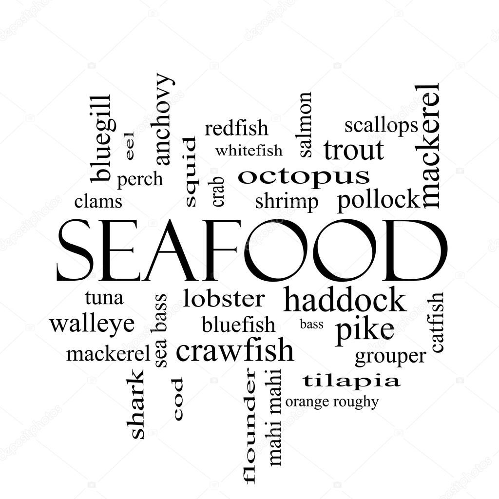 Seafood Word Cloud Concept in black and white — Stock Photo