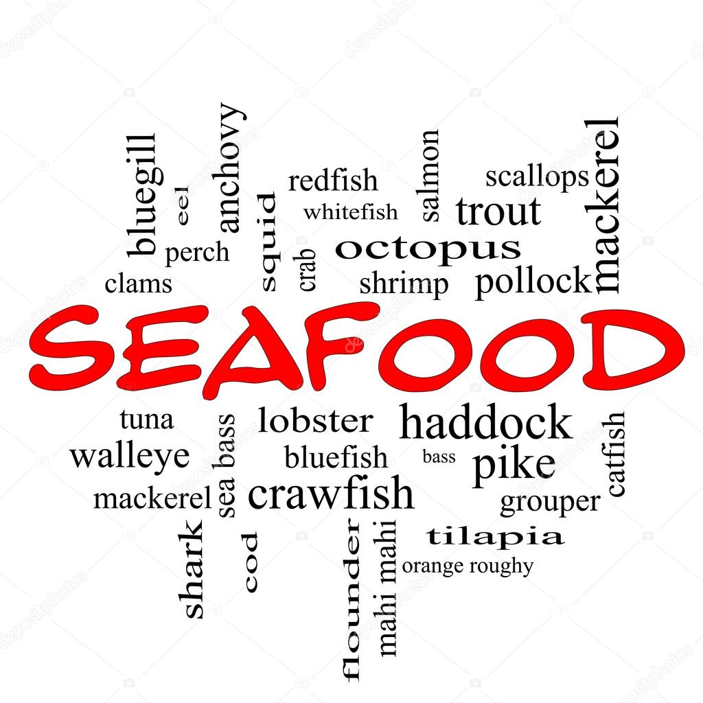 Seafood Word Cloud Concept in red caps ⬇ Stock Photo, Image by