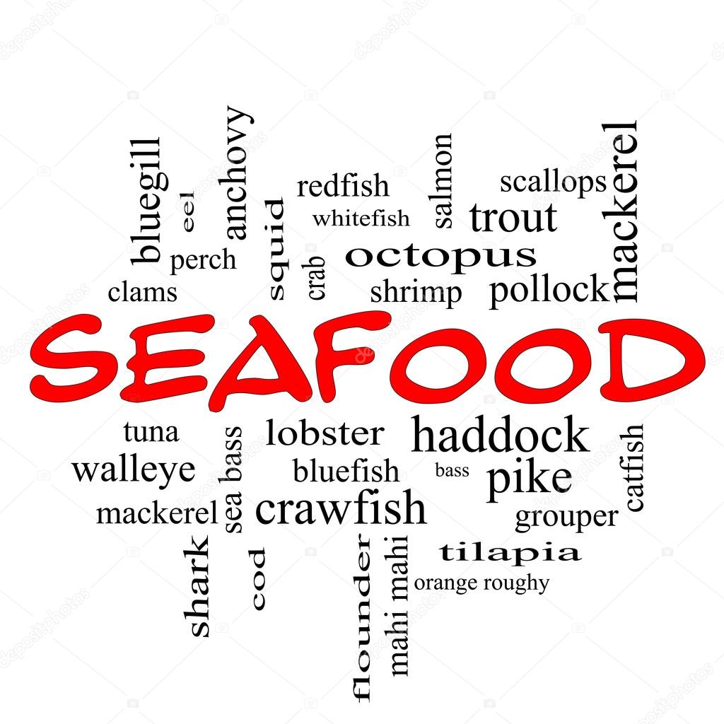 Seafood Word Cloud Concept in red caps