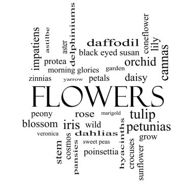 Flowers Word Cloud Concept in black and white clipart